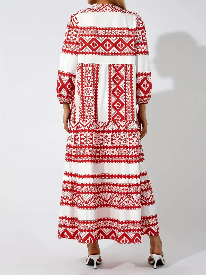 Boho Puff Sleeve Maxi Loose Dress in Red Print