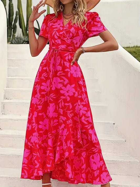 Red Floral V-Neck Short Sleeve Maxi Dress with Belt