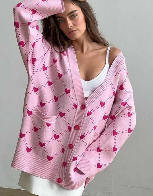 V-neck Heart Pattern Pocket Cardigan