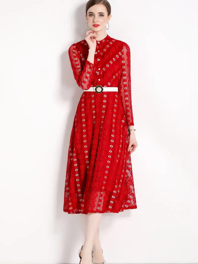 Red Lace Embroidered Mock Neck Long Sleeve Dress with Button Detail