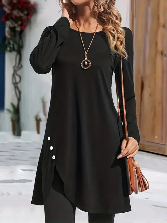 Asymmetrical Hem Button Crew Neck Dress with Long Sleeves