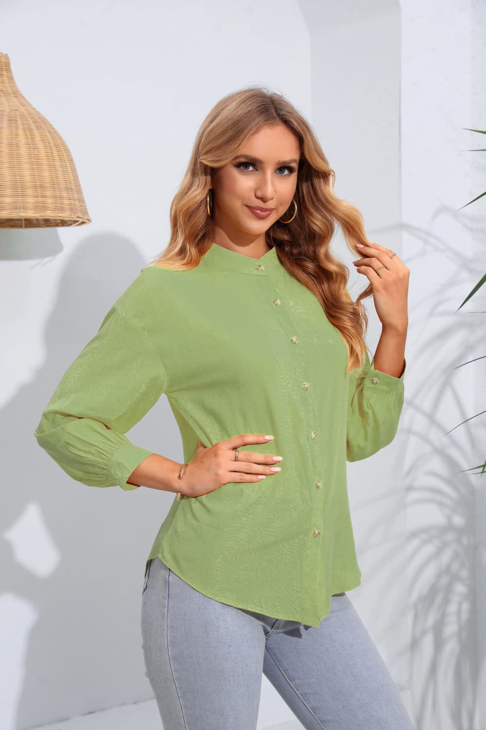 with Long Mock Arm Buttoned Blouse Neck