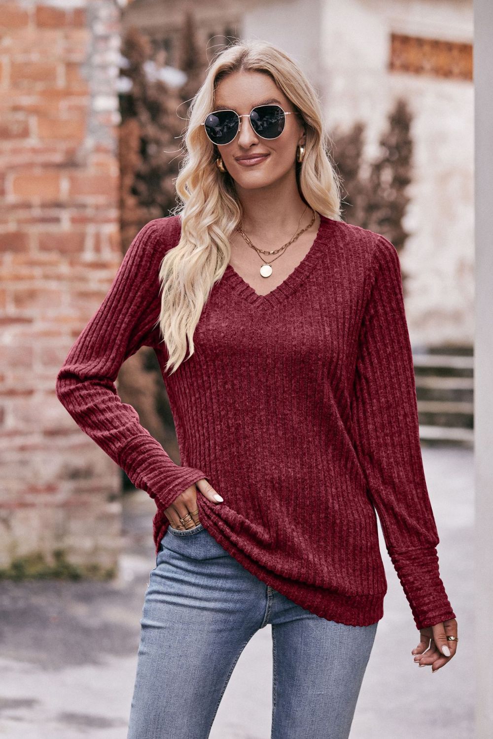 Ribbed Long Arm V-Neck Top