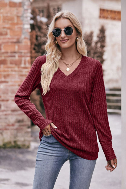 Ribbed Long Arm V-Neck Top