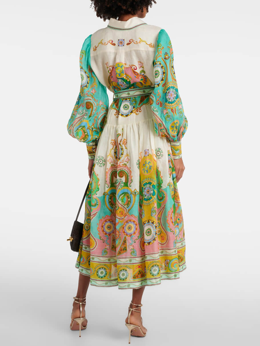 Unique Exquisite Print Puff Graceful Sleeve Tie Midi Dress