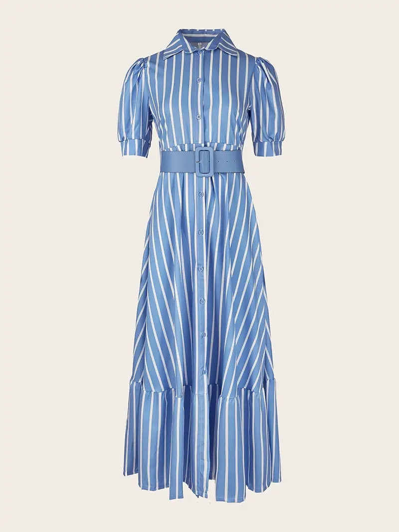 V-neck Striped Lace Up Long Dress