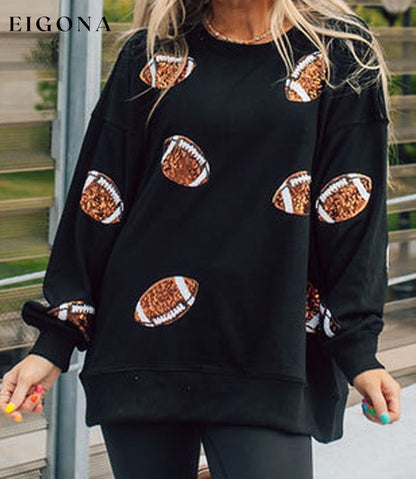 Cosybreezee - Black Sequin Rugby Graphic Pullover Football Sweatshirt