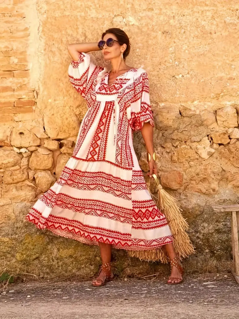 Boho Puff Sleeve Maxi Loose Dress in Red Print