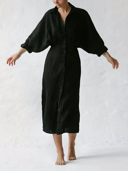 Black Stretch Shirt Dress with Long Sleeve and Lapel Collar