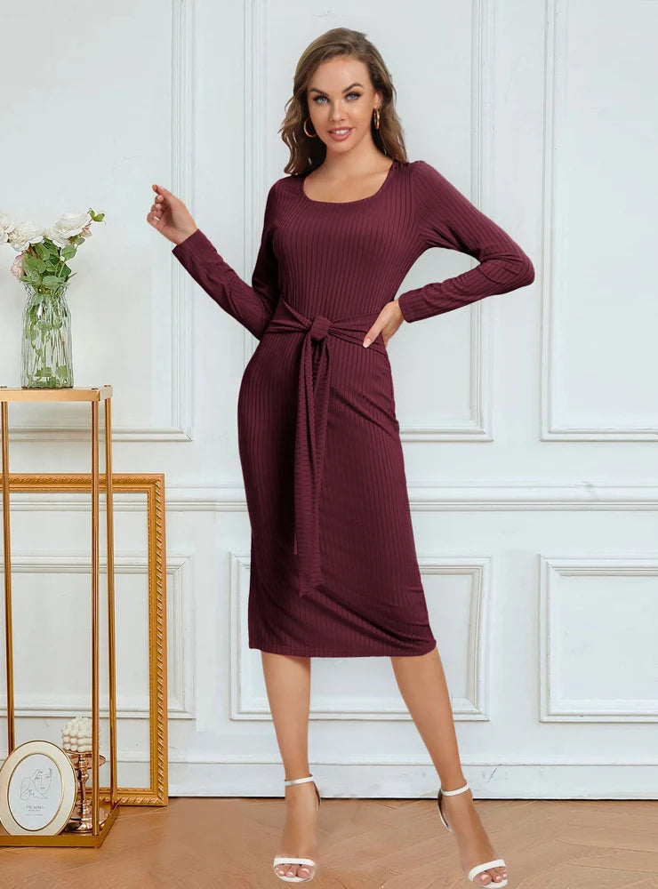 SPLIT PIT SOLID COLOR DRESS - LONG SLEEVED