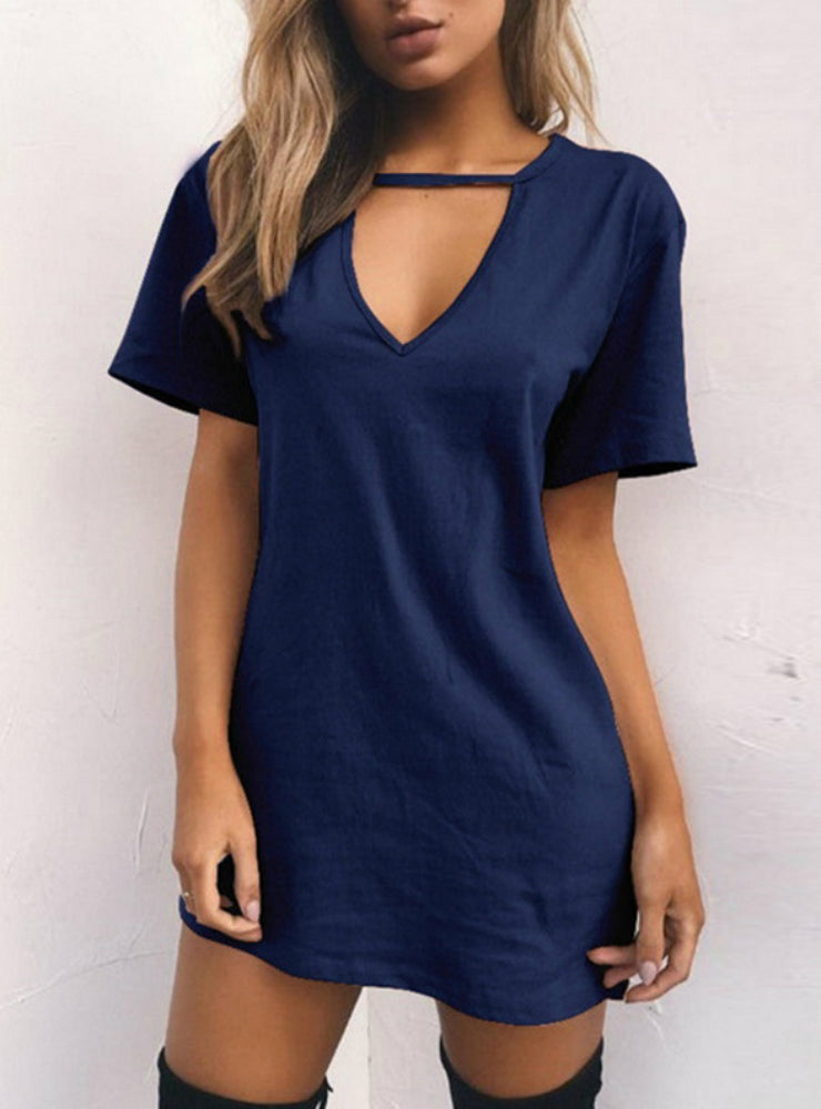 V Neck Cotton Summer Dress Women Solid Casual Loose