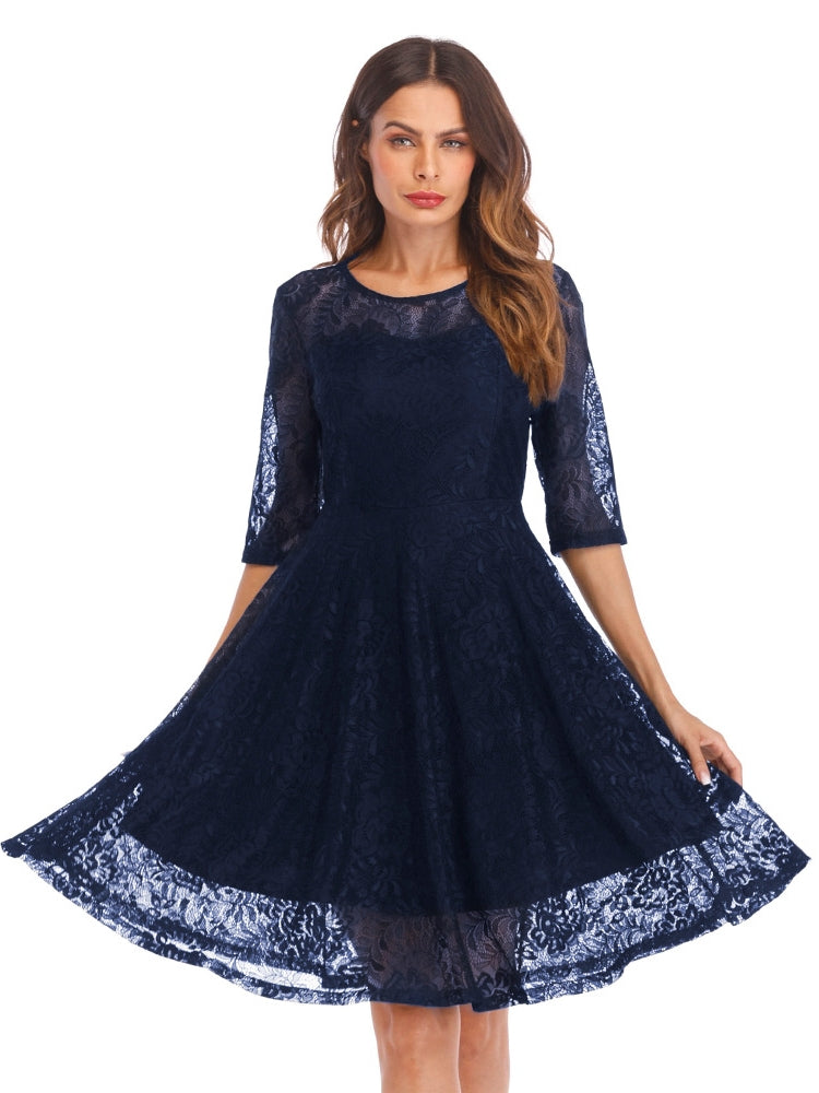 Scallop Trim Lace Overlay Dress in Black