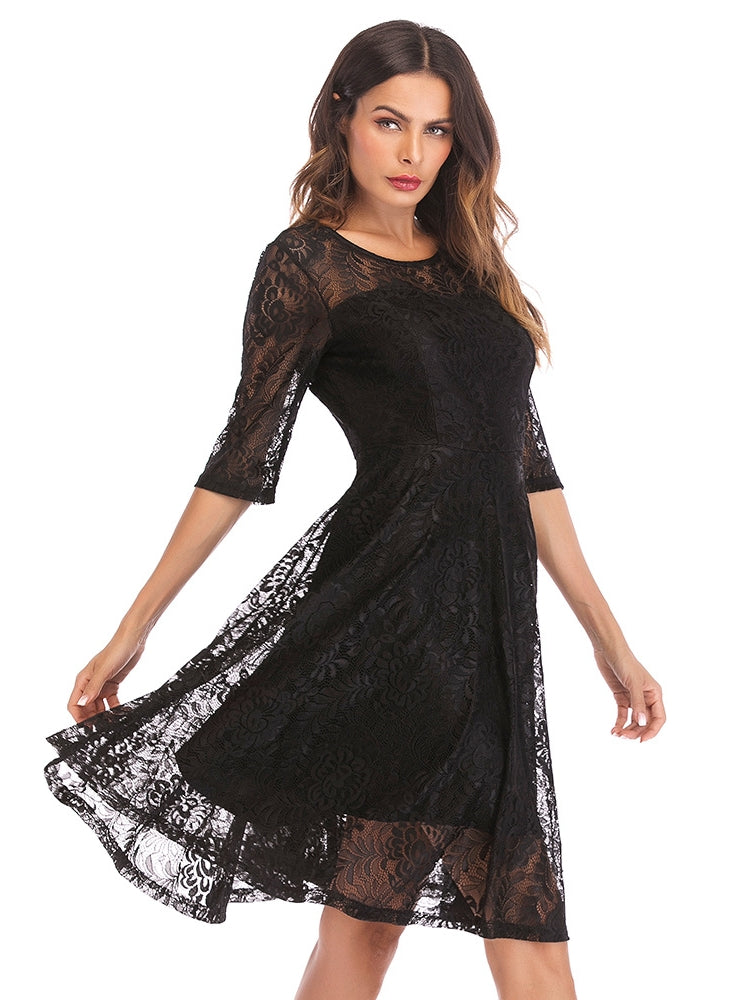 Scallop Trim Lace Overlay Dress in Black