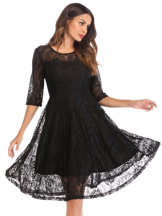 Scallop Trim Lace Overlay Dress in Black