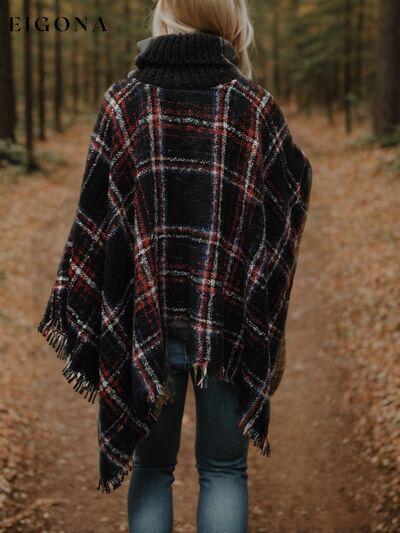 Cosybreezee - Turtleneck Plaid Raw Hem Sweater Fashion Poncho