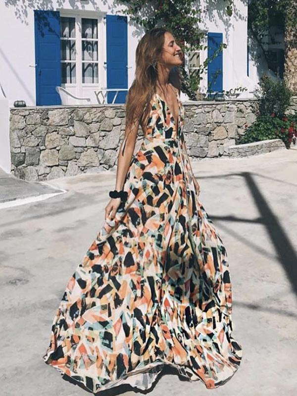 Summer Beach Spaghetti Strap Backless Floral Maxi Dress