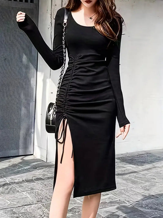 Black Long Sleeve Drawstring Dress