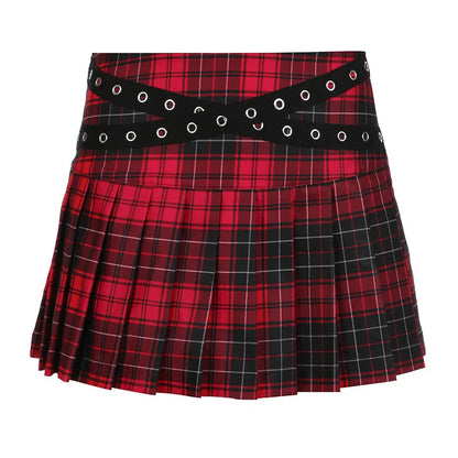 90s Grunge Streetwear Plaid Mini Gothic Eyelet Strap Pleated Y2k Techwear A-line Skirt