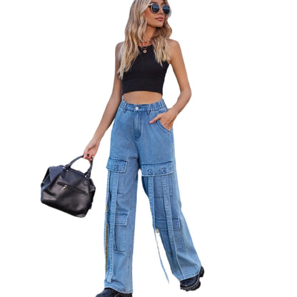 90s Streetwear Blue Cargo Casual Big Pockets Overalls High Waist Straight Denim Jean