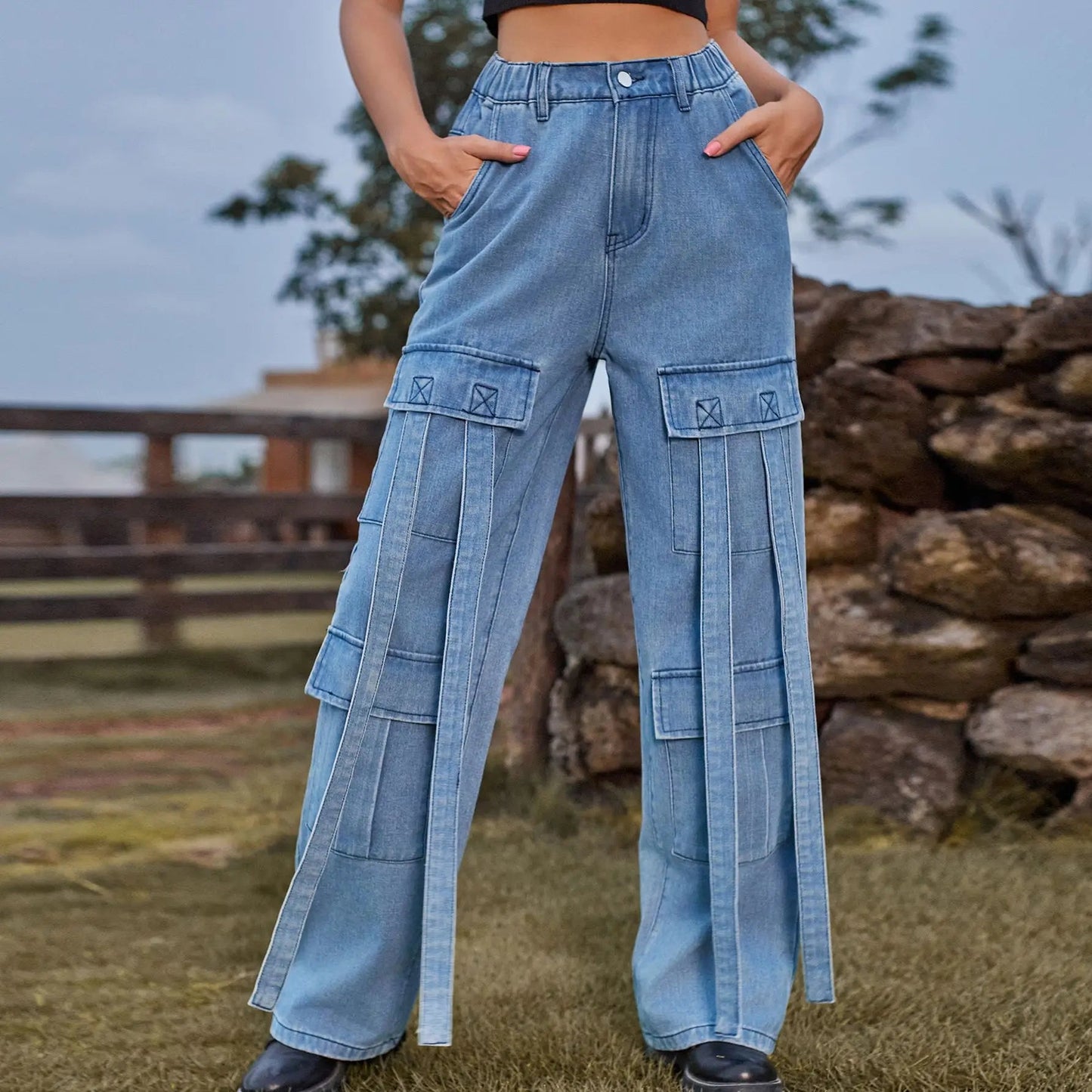 90s Streetwear Blue Cargo Casual Big Pockets Overalls High Waist Straight Denim Jean