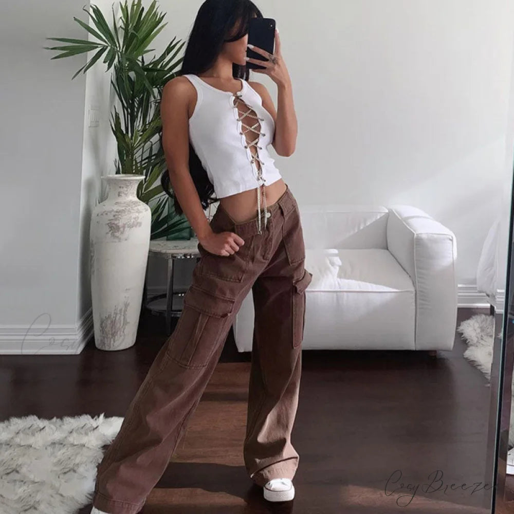 90s Distressed Cutout High Waist Classic Wide Leg Jeans - Blue M / Coffee