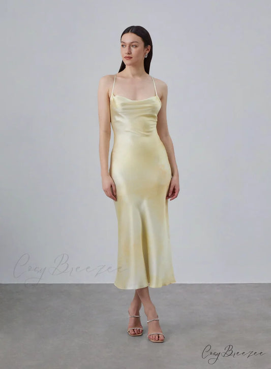 90s Forever Cowl Neck Graceful Maxi Silk Slip Dress 4 Days / 2 / XS / Yellow