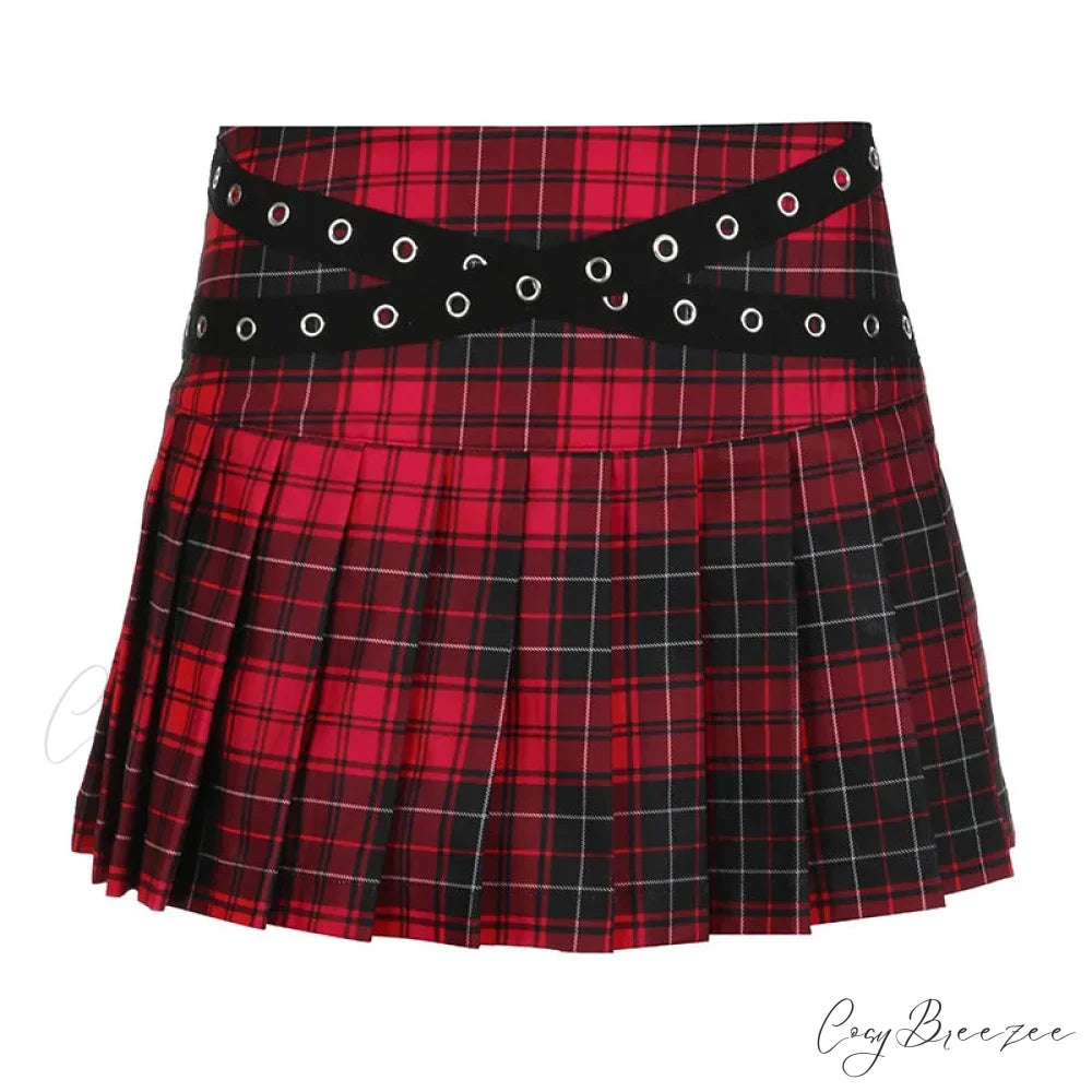 90s Grunge Streetwear Plaid Mini Gothic Eyelet Strap Pleated Y2k Techwear A-line Skirt Red / S