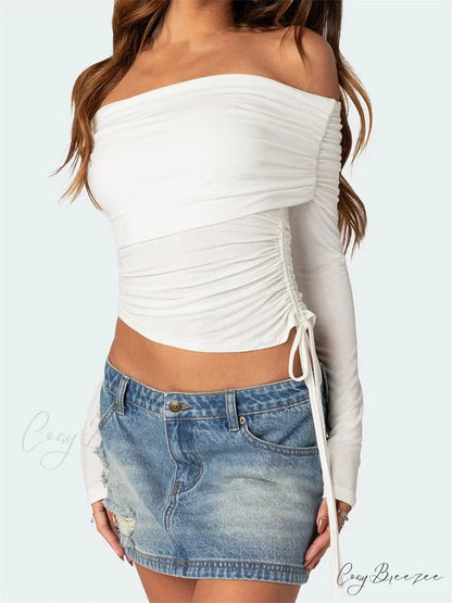 90s Off Shoulder Long Sleeve Slim FitRetro Ruched Tie Up T-Shirts