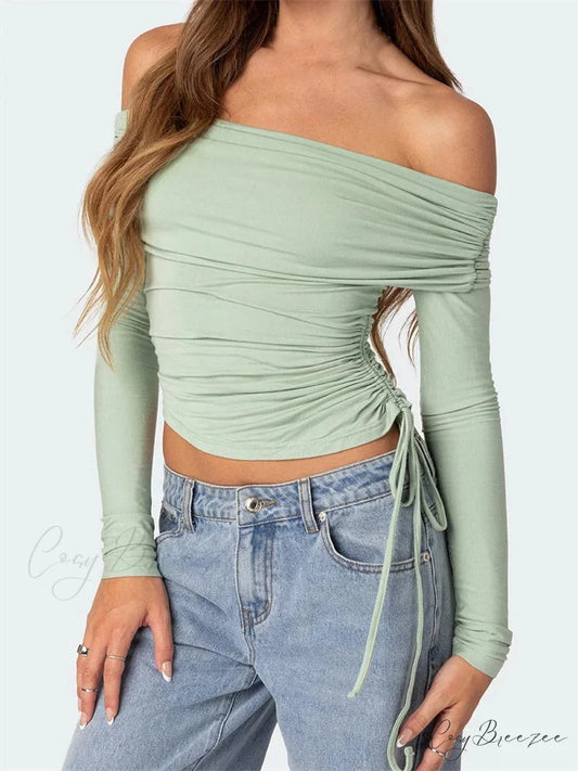 90s Off Shoulder Long Sleeve Slim FitRetro Ruched Tie Up T-Shirts GREEN / S