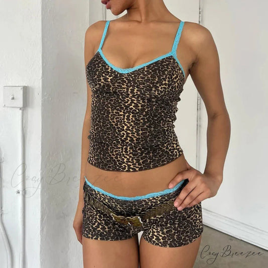 90s Rave Leopard Print Lace Camis + Shorts Vintage Club Set LEOPARD / S twopiecesset-250126
