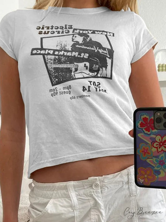 90s Short Sleeve Trendy Crop Blouse - Black White / ONE SIZE