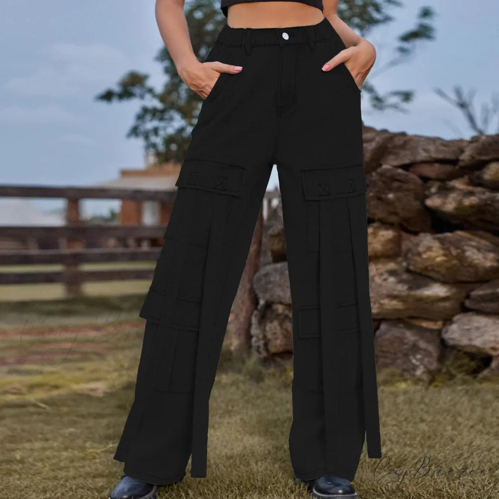 90s Streetwear Blue Cargo Casual Big Pockets Overalls High Waist Straight Denim Jean Black / S