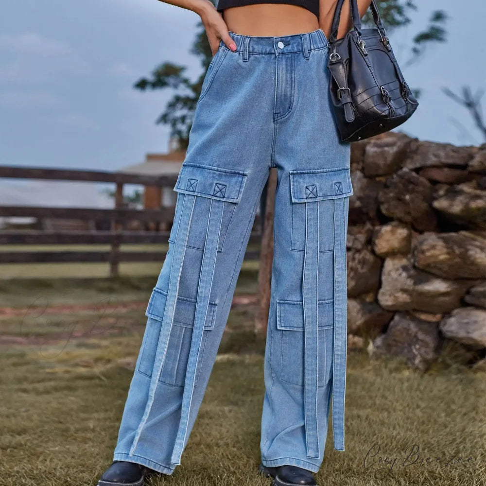 90s Streetwear Blue Cargo Casual Big Pockets Overalls High Waist Straight Denim Jean Blue / S