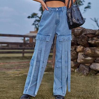 90s Streetwear Blue Cargo Casual Big Pockets Overalls High Waist Straight Denim Jean Blue / S