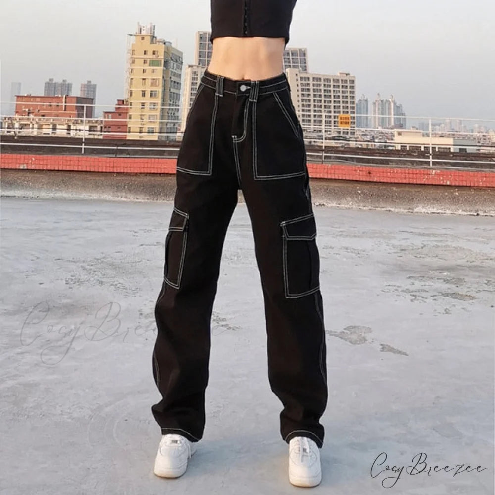 90s Women Waist Low Cargo Wide Pants Straight Jeans Baggy Y2K Denim Pockets Brown Leg Streetwear Vintage Trousers Black