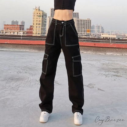 90s Women Waist Low Cargo Wide Pants Straight Jeans Baggy Y2K Denim Pockets Brown Leg Streetwear Vintage Trousers Black