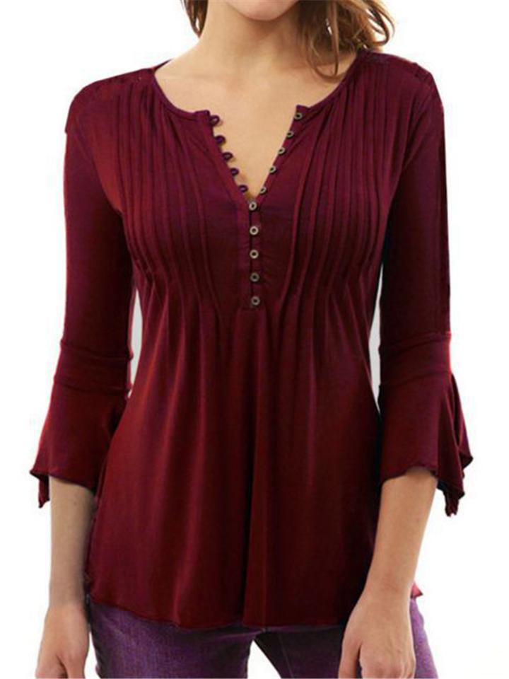 V-neck Flared Plain Folded in Blouse Arm Women's Color