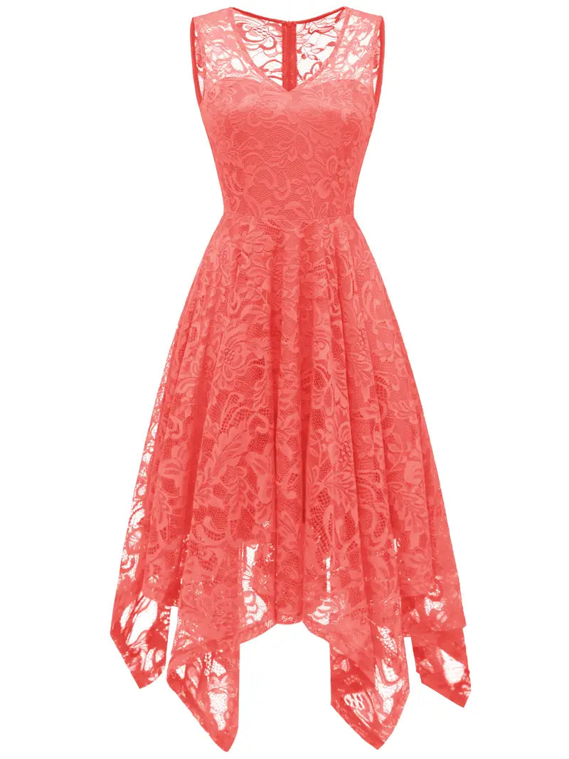 V Neck Lace Dress with Asymmetrical Hem