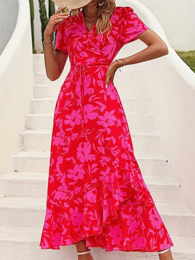 Red Floral V-Neck Short Sleeve Maxi Dress with Belt