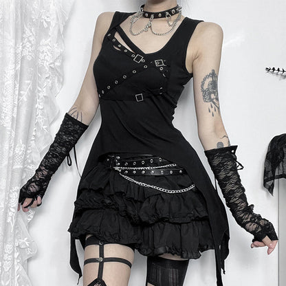 Y2K Goth Black Eyelet Irregular Sleeveless Slim Vintage Summer Crop Top