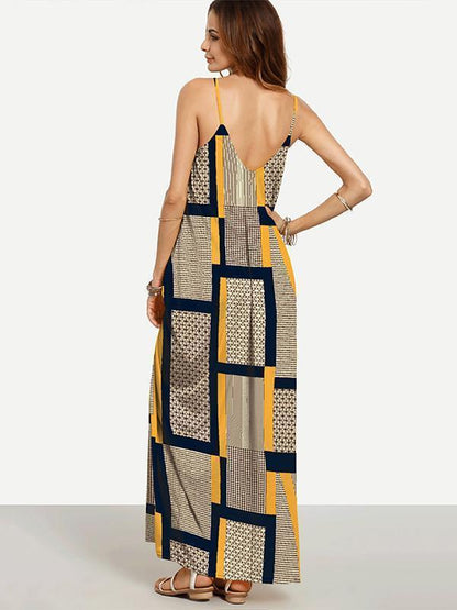 Summer Yellow Plaid Spaghetti Straps V Neck Maxi Dress