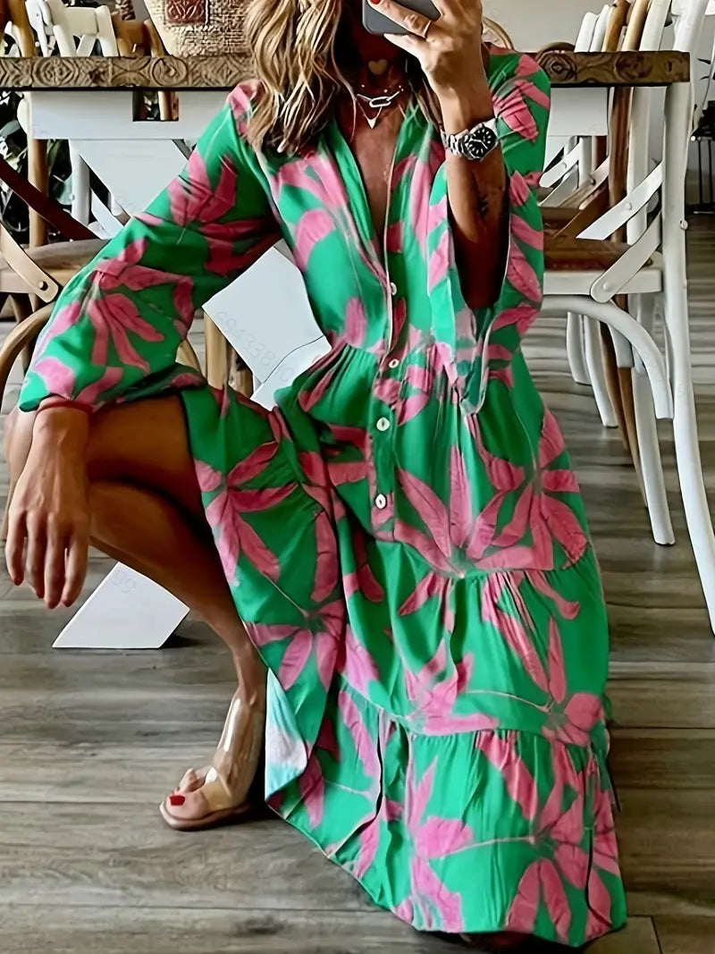 Tiered Long Sleeve Maxi Dress with Leaves Print