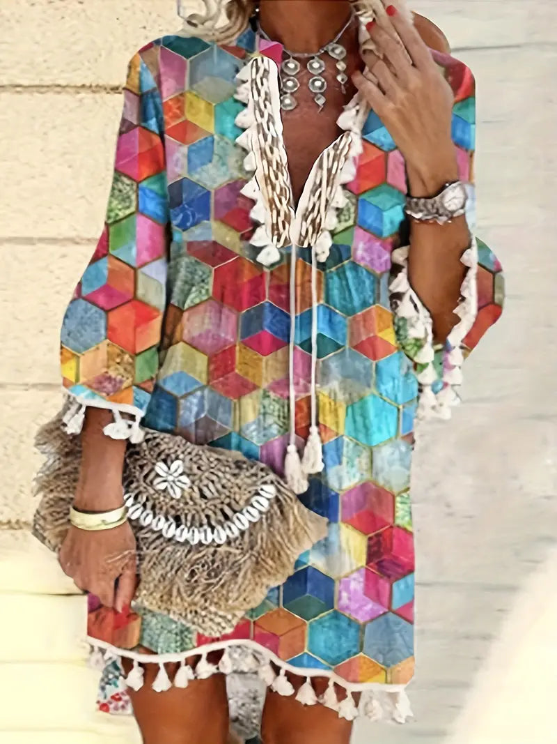 Boho V Neck Tassels Casual Dress with Retro Print