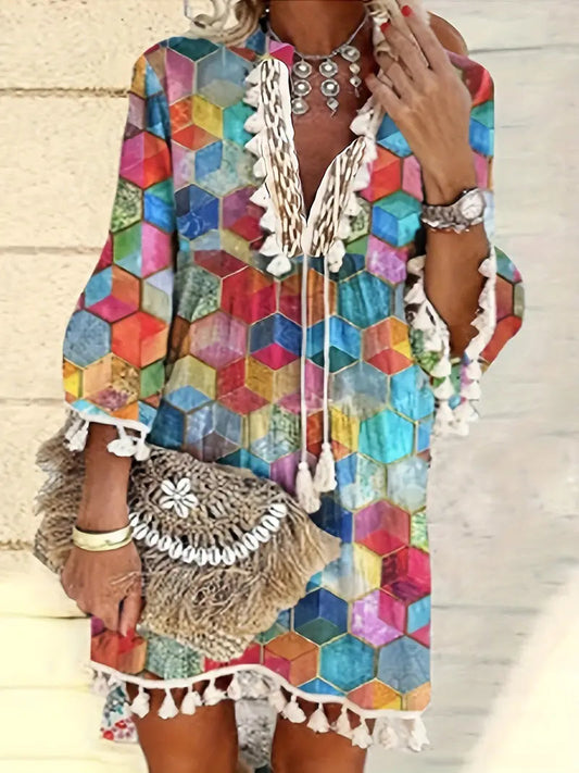 Boho V Neck Tassels Casual Dress with Retro Print