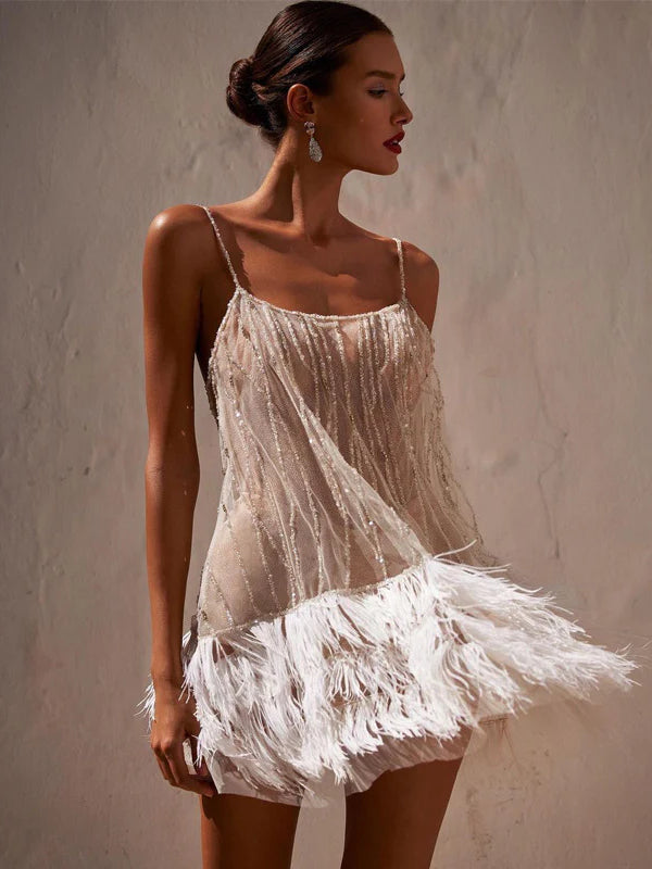 Backless Sequin Fringe Layered Mesh Party Dress