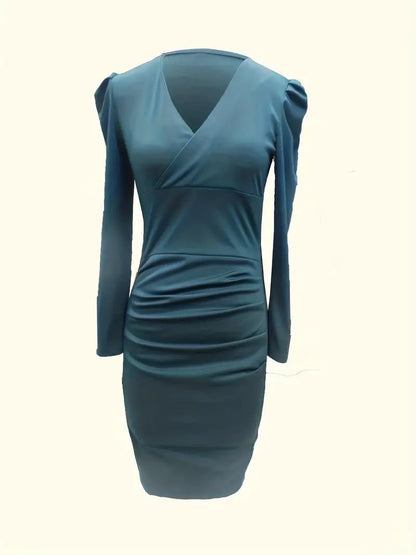 Skinny Long Sleeve V Neck Ruched Dress