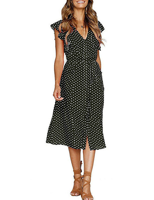 Boho Polka Dot Sleeveless V Neck Swing Midi Dress With Pockets for Summer