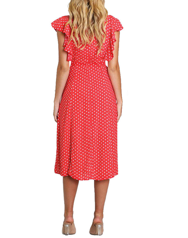 Boho Polka Dot Sleeveless V Neck Swing Midi Dress With Pockets for Summer