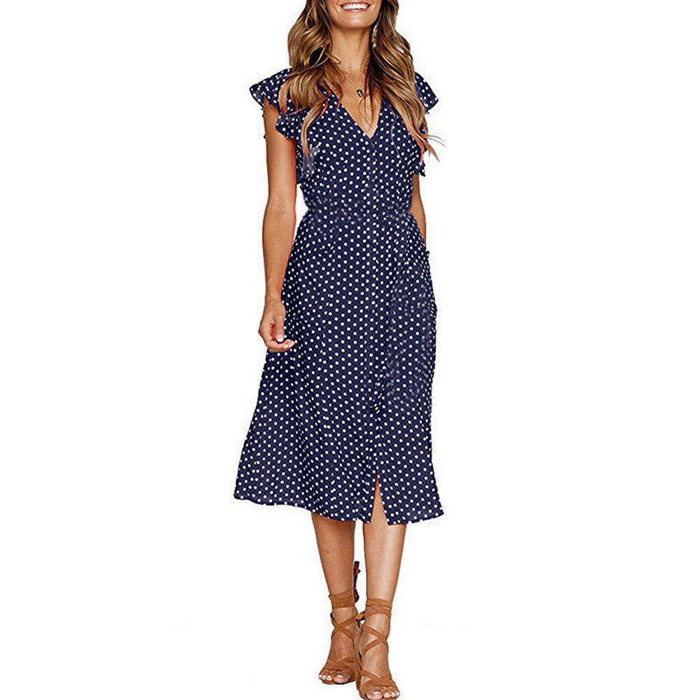 Boho Polka Dot Sleeveless V Neck Swing Midi Dress With Pockets for Summer