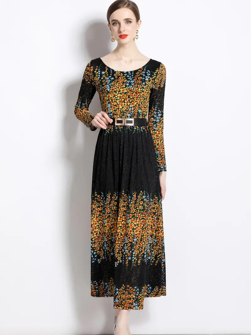 Star Print Midi Winter Dress With Belt